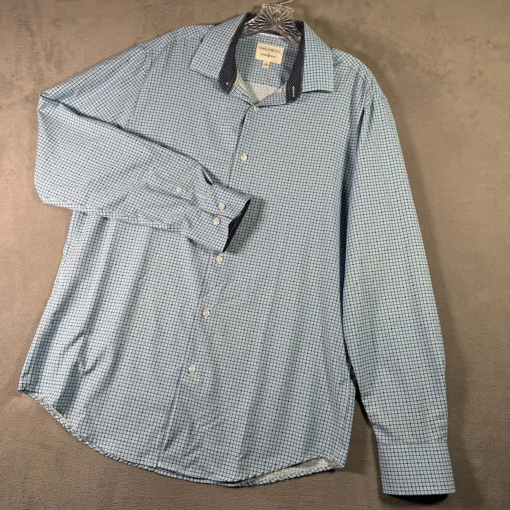 CON.STRUCT Shirt Mens L Blue Plaid 4 Way Stretch Button Up Long‎ Sleeve Office